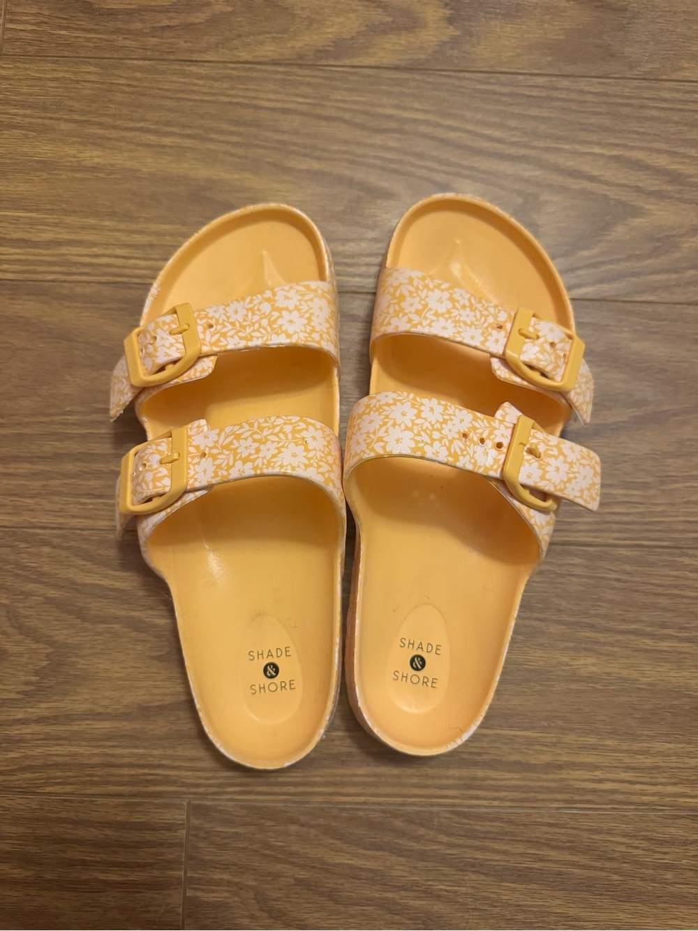 Shade & Shore Womens' Yellow Floral Double Strap Slide Sandals